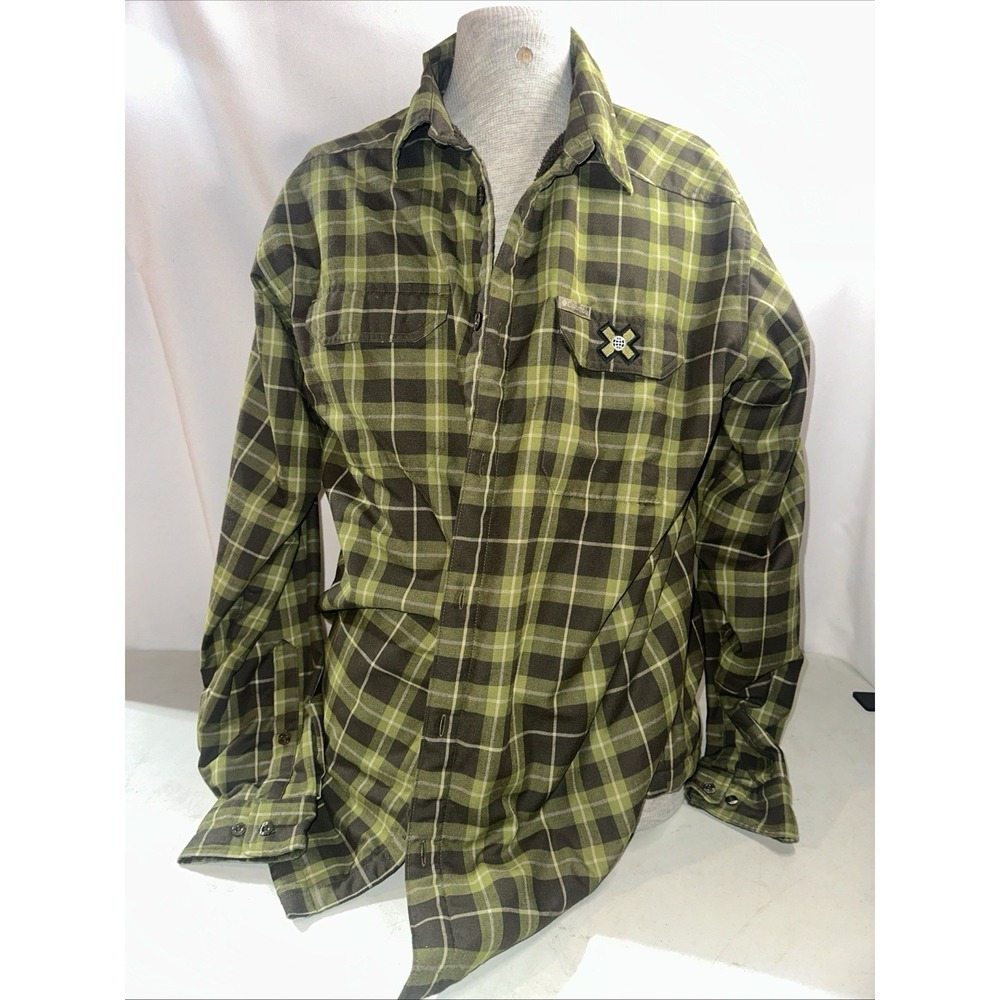 Columbia Omni Dry Shacket Xgames Mens Sz XL Olive Grn Plaid Fleece Lined Flannel